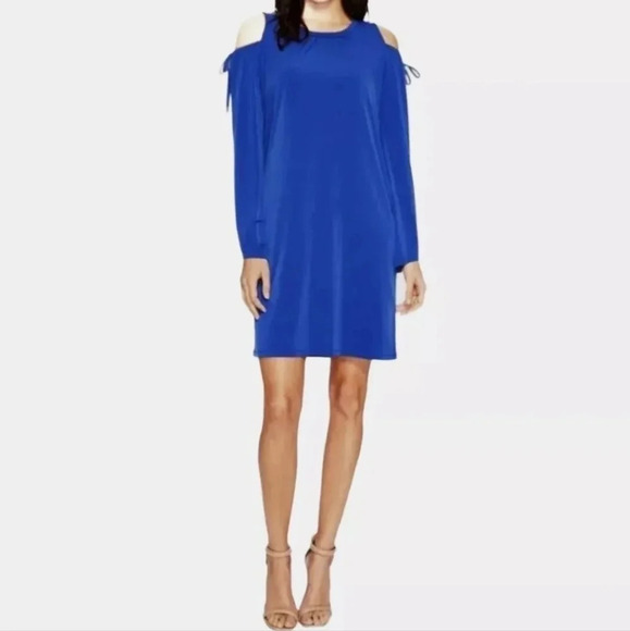 Michael Kors Royal Blue Cold Shoulder Tie Sleeve Knit Dress Stretch Long Slv M - Picture 1 of 15